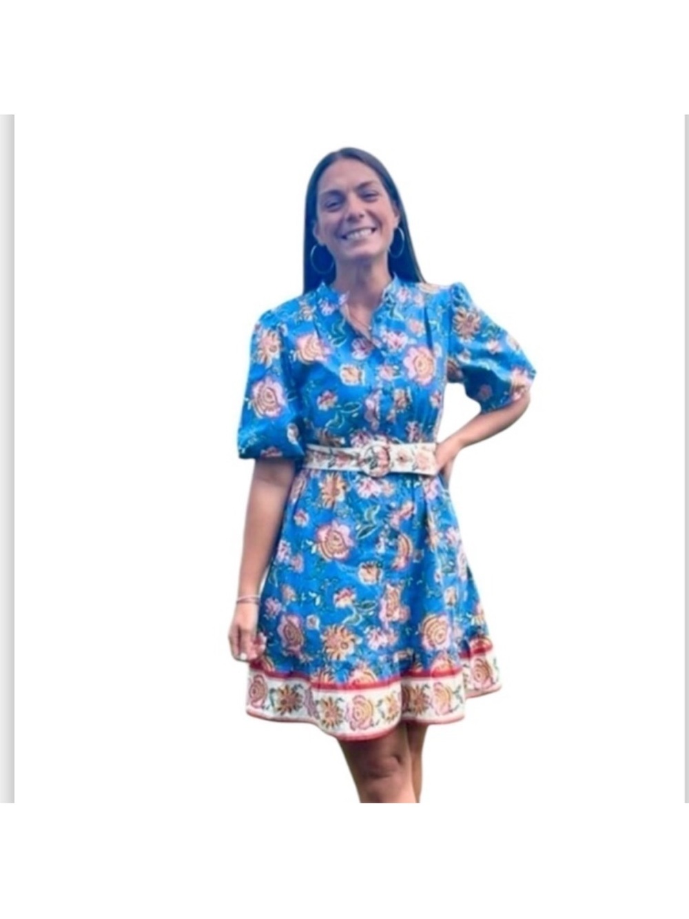 New JOIE Floral Print Puff Sleeve Belted Cotton Button-Front Dress - Picture 3 of 5